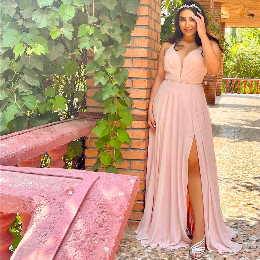 Lulus Maxi pink dress slit sequin, cross halter low back, mesh sheer v neck line